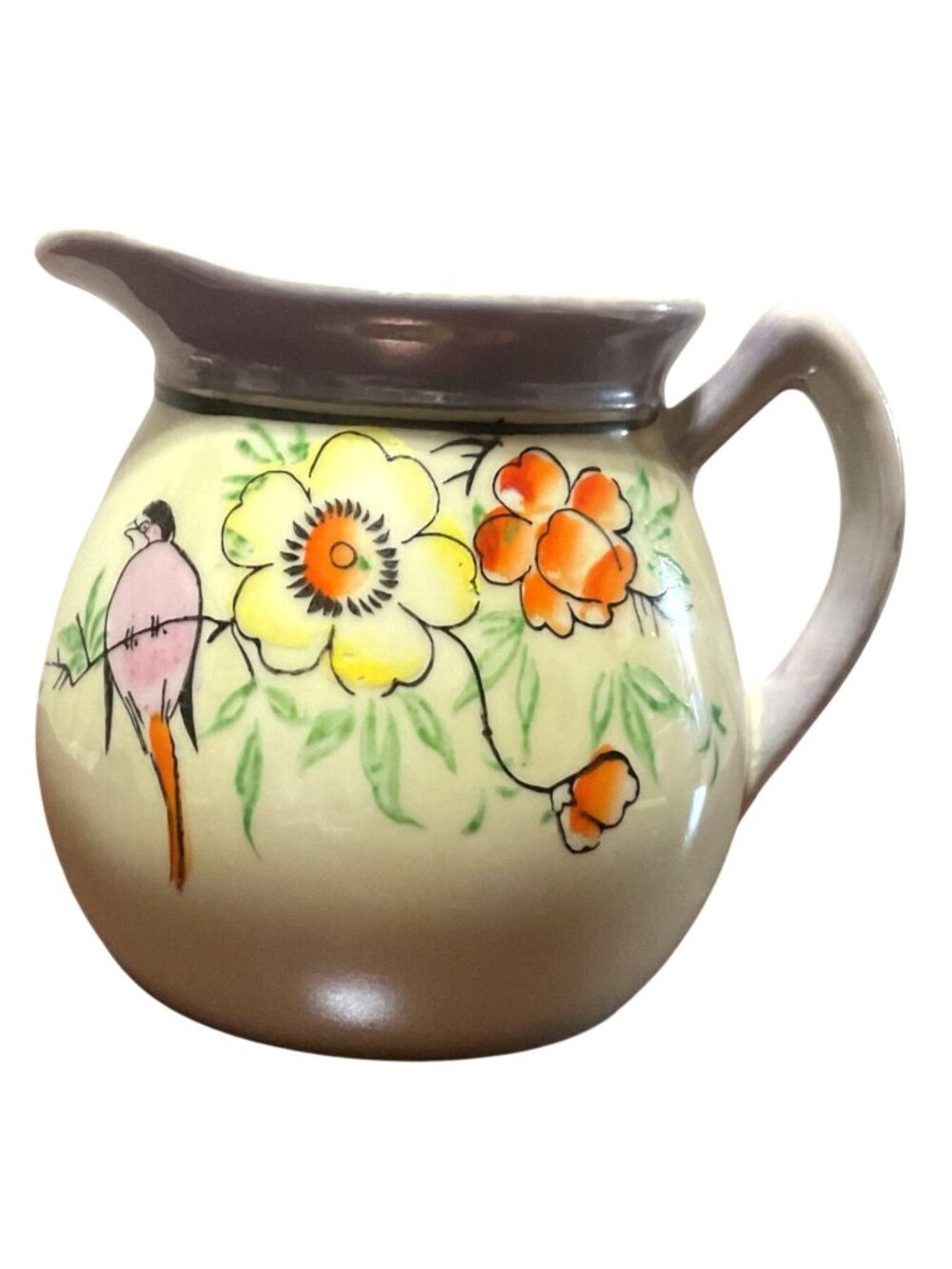 Vtg Japanese Hand Painted Lusterware Creamer With Robin & Florals 4"H X 5"W